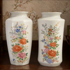 Japanese Ceramic Gold Rimmed Vase Set of 2 - 6" Cream with Multicolor Floral